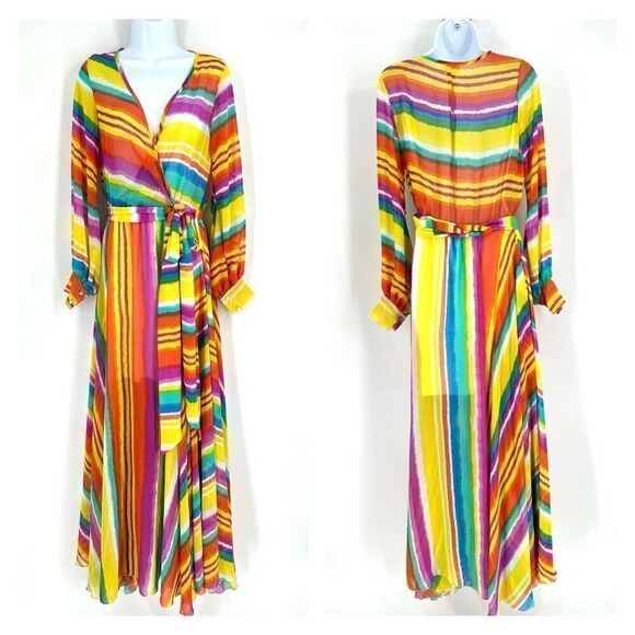 Corrida Women's Rainbow Striped Balloon Sleeve Wrap Maxi Dress Multi-Color Small - Picture 1 of 9